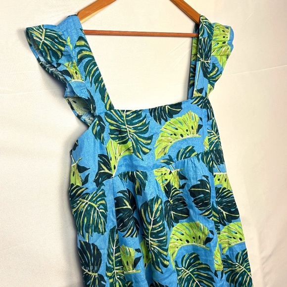 Draper James  Women Linen Midi Dress Blue Monstera XXL Babydoll Square Neck Y2K - Picture 2 of 12